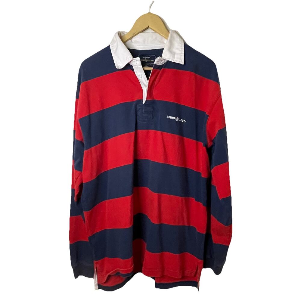 VTG 80s 90s Henri Lloyd Red Blue Strip Long Sleeve Rugby Polo USA Ivy League XL